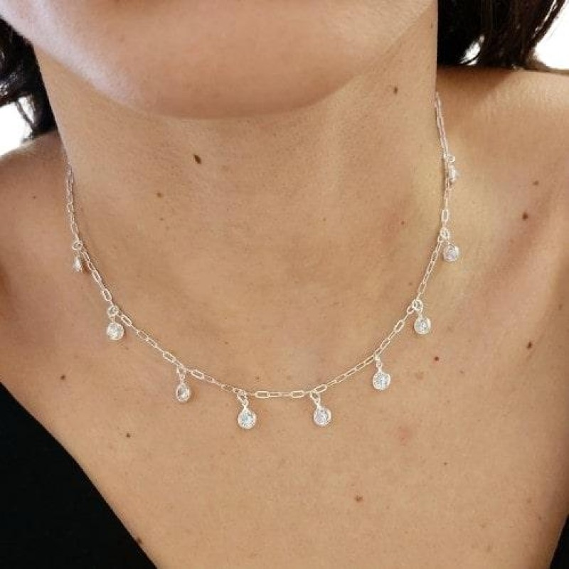 Colar Chocker Cristal Pendurado Prata 925