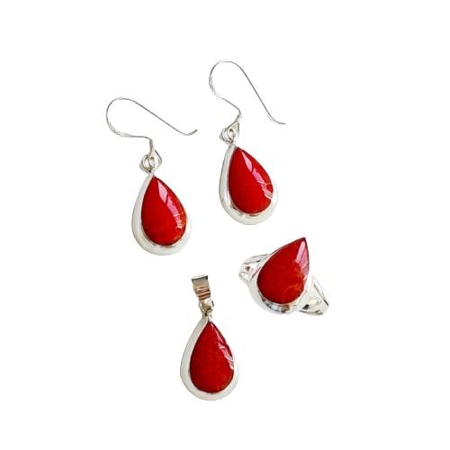 Conjunto Coral Vermelho Gota Prata Lisa Borda