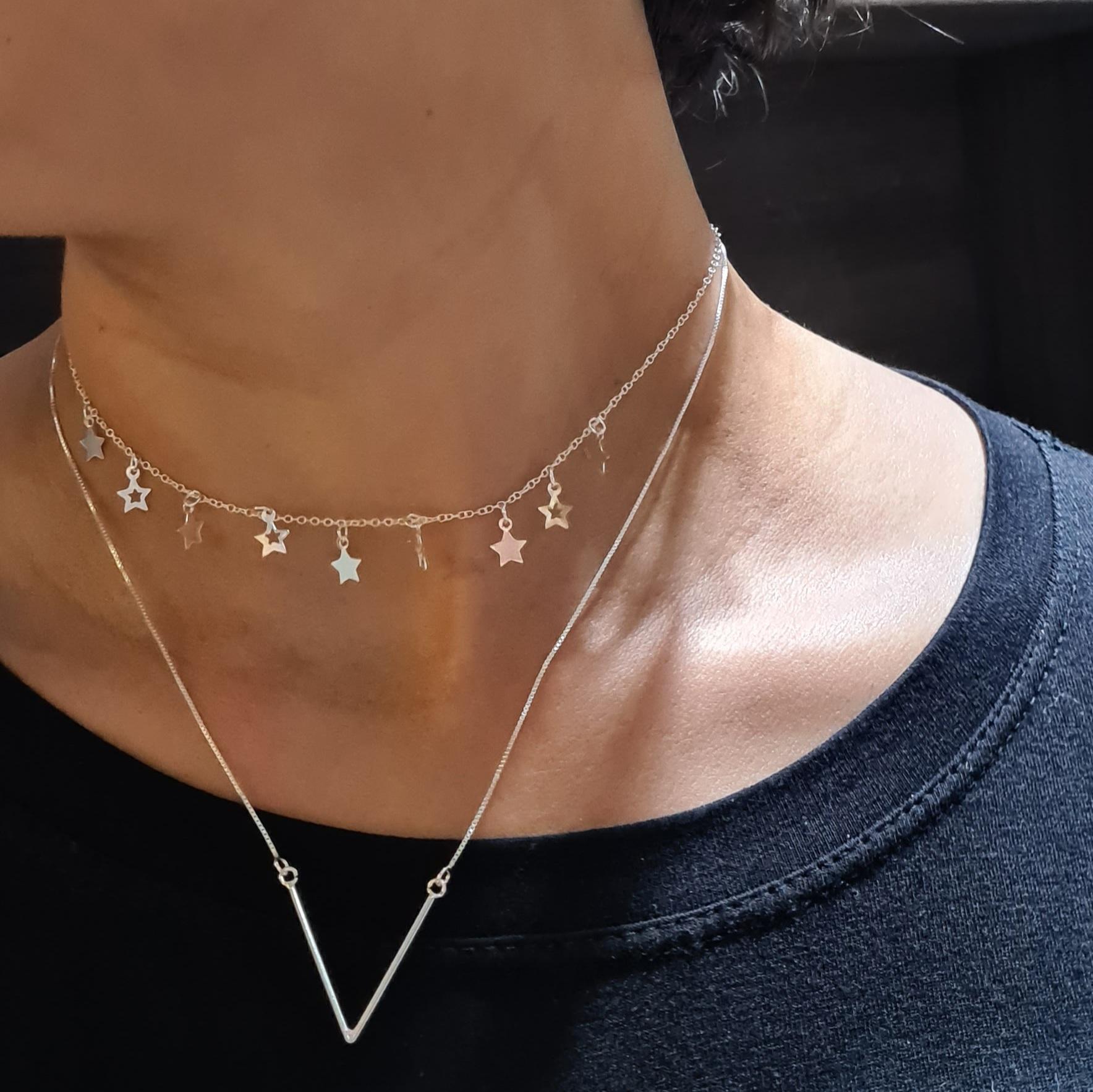 Colar Chocker Estrela Prata 925 Corrente de Elo Portugês