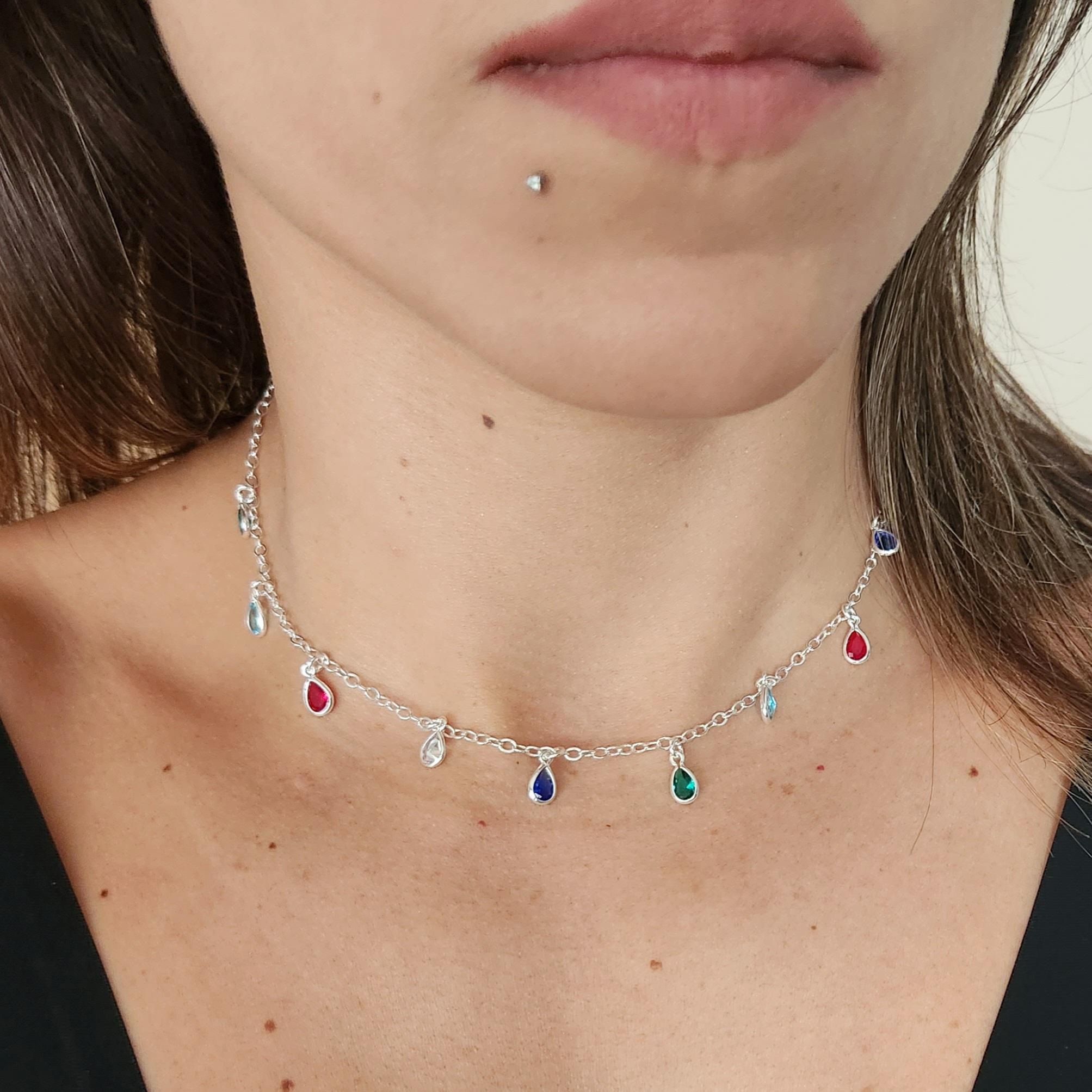 Colar Chocker  Gotas Zircônias Coloridas